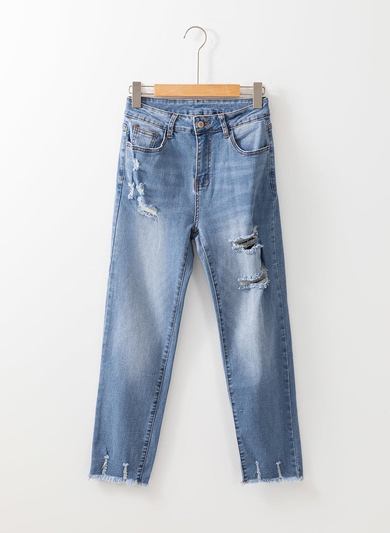 EVALESS Womens Jeans Stretchy High Waisted Pull On Ripped Distressed Jean Tummy Control Straight Ankle Denim Pants Sky Blue Size 6 - Image 5