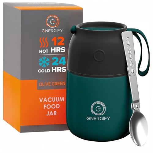 ENERGIFY Vacuum Insulated Food Jar Large 17oz Bowl incl Folding Spoon Cup Wide Mouth Thermos Keep Hot  Cold Drinks Soup Thermo Lunch Container for Adults BPAFree Stainless Steel Leak Proof Olive Green