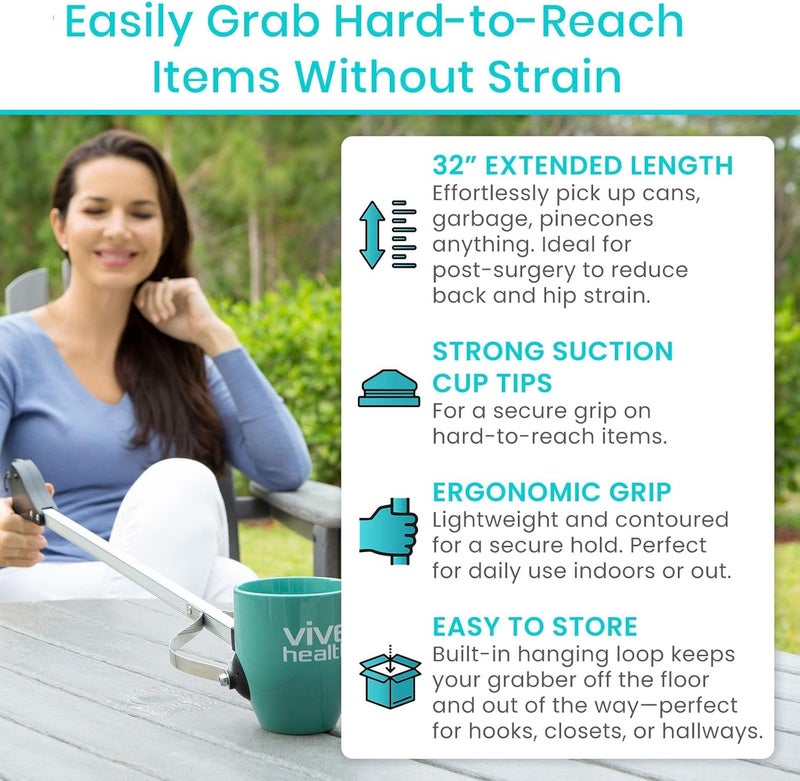 Vive Suction Cup Grabber Reacher 32 2 Pack  Elderly Grab It Reaching Pickup Tool Heavy Duty for Seniors  Trash Sticks Litter Picker Upper  Extra Long Reach Handle  Handy Extension Arm Claw - Image 2
