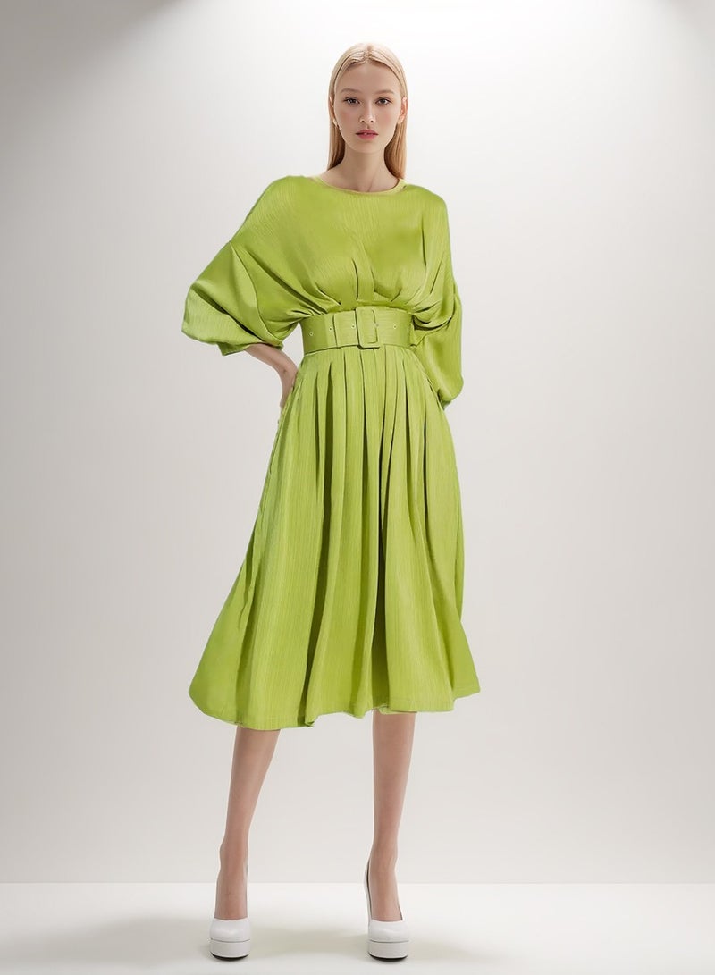 Madam Uniq Lime Green Belted Midi Dress with Batwing Sleeves - Image 1