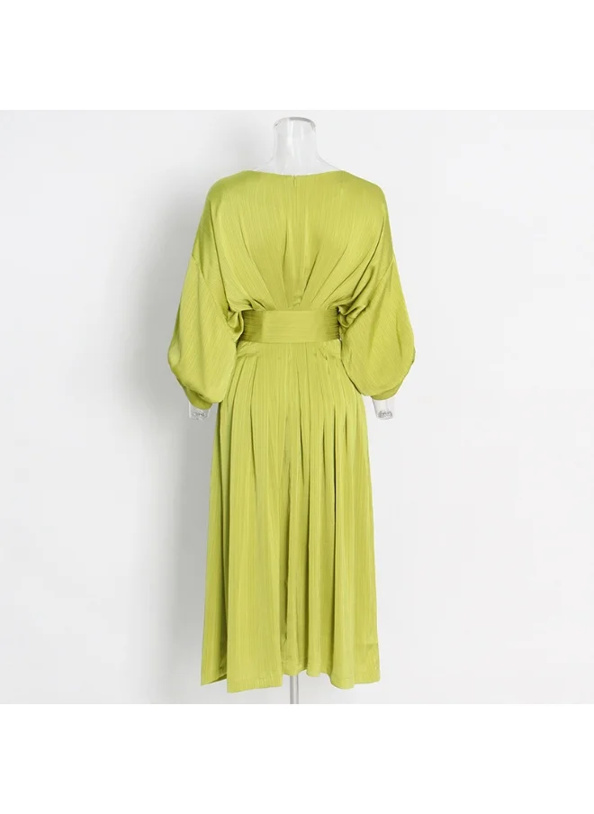 Madam Uniq Elegant French Long Satin Dress with Cap Sleeves and Waist-Defined Silhouette for Women