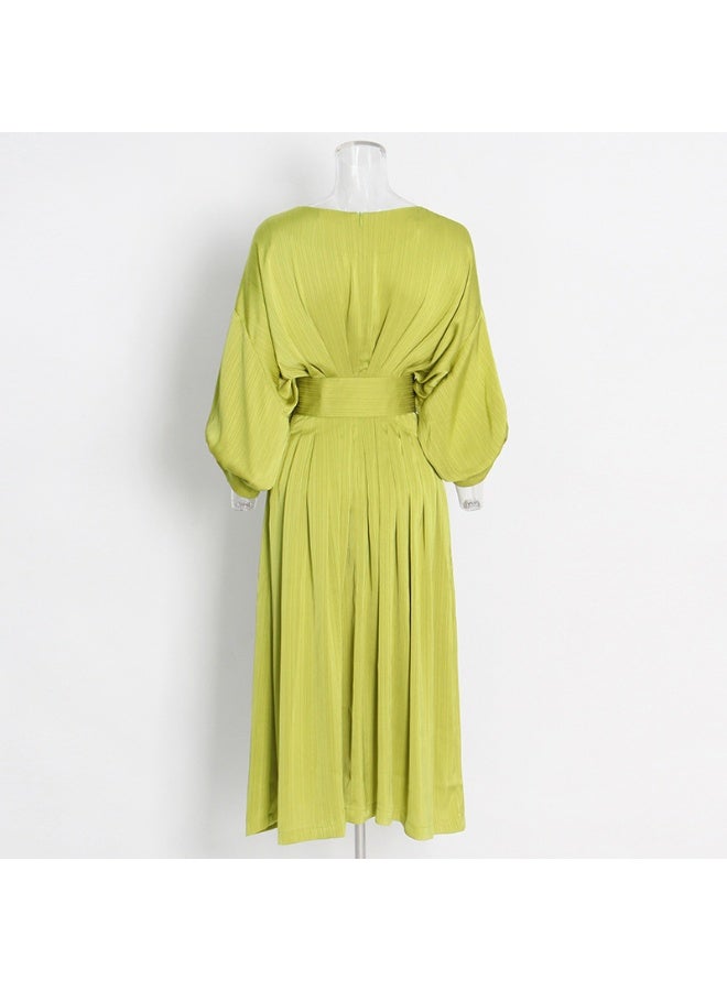 Madam Uniq Lime Green Belted Midi Dress with Batwing Sleeves - Image 2