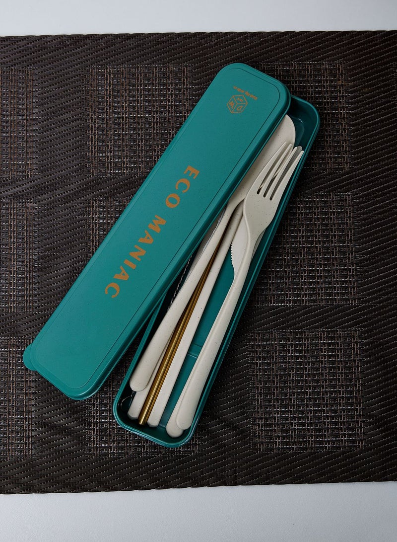Designworks Ink Reusable Cutlery Set Utensils for Lunch Box, 7-Piece, Forest Green - Eco Maniac Plastic Flatware with Forks, Spoon, Knife, Chopsticks, Metal Straw in Portable Travel Case - Image 5