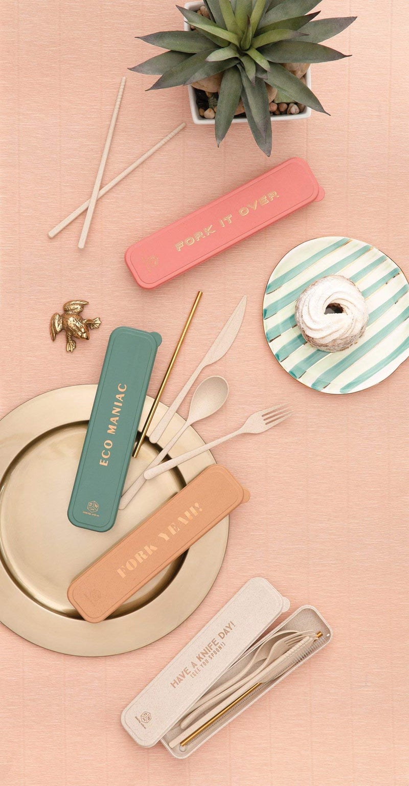 Designworks Ink Reusable Cutlery Set Utensils for Lunch Box, 7-Piece, Forest Green - Eco Maniac Plastic Flatware with Forks, Spoon, Knife, Chopsticks, Metal Straw in Portable Travel Case - Image 4