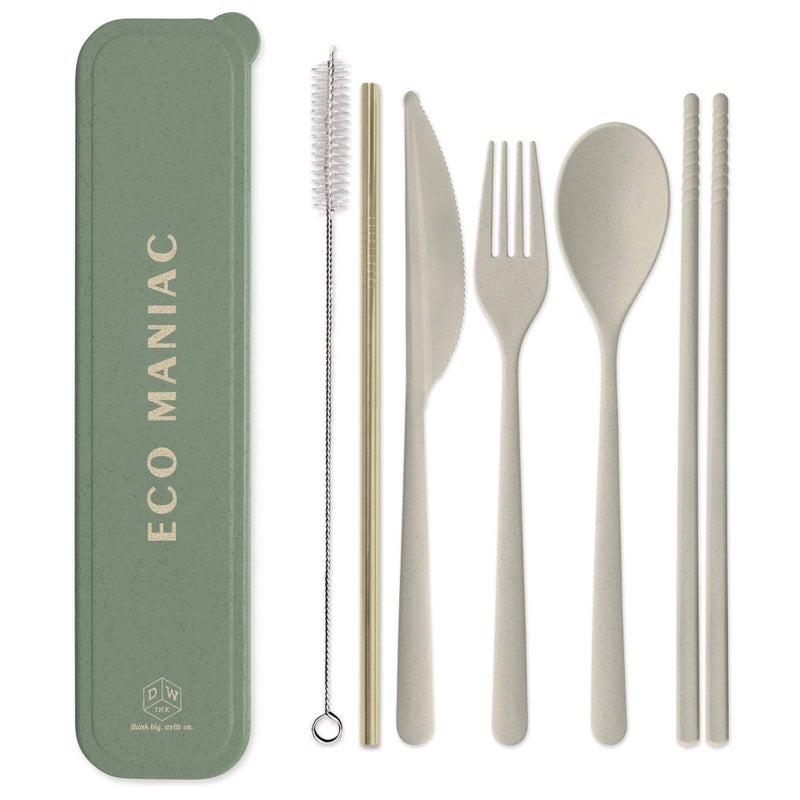 Designworks Ink Reusable Cutlery Set Utensils for Lunch Box, 7-Piece, Forest Green - Eco Maniac Plastic Flatware with Forks, Spoon, Knife, Chopsticks, Metal Straw in Portable Travel Case - Image 1
