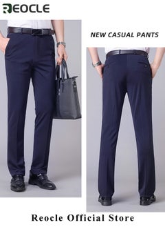 REOCLE Men's Dress Pant Classic Slim-Fit Flat-Front Suit Pant Skinny Suit Pants Gentleman Anti-wrinkle Suit Pants Summer Thin Trousers Loose Straight Fit Trousers  - Image 4