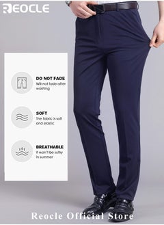 REOCLE Men's Dress Pant Classic Slim-Fit Flat-Front Suit Pant Skinny Suit Pants Gentleman Anti-wrinkle Suit Pants Summer Thin Trousers Loose Straight Fit Trousers  - Image 2