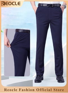 REOCLE Men's Dress Pant Classic Slim-Fit Flat-Front Suit Pant Skinny Suit Pants Gentleman Anti-wrinkle Suit Pants Summer Thin Trousers Loose Straight Fit Trousers  - Image 1