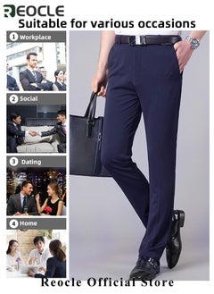 REOCLE Men's Dress Pant Classic Slim-Fit Flat-Front Suit Pant Skinny Suit Pants Gentleman Anti-wrinkle Suit Pants Summer Thin Trousers Loose Straight Fit Trousers  - Image 5