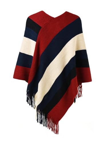 Ferand Women's Striped Poncho Sweater Cozy Knit Fringe Shawl Wraps for Fall Winter - Image 2