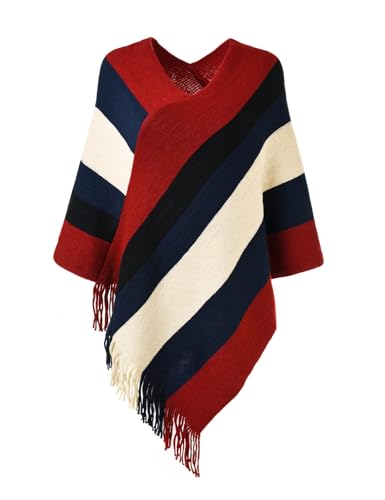 Ferand Women's Striped Poncho Sweater Cozy Knit Fringe Shawl Wraps for Fall Winter - Image 1