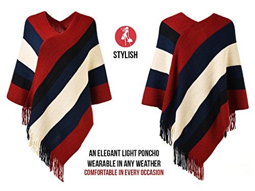 Ferand Women's Striped Poncho Sweater Cozy Knit Fringe Shawl Wraps for Fall Winter - Image 3