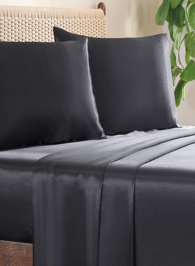 Jessica Simpson Silky Satin Queen 4-Piece Sheet, Jet Black Luxury Sheet Set - Image 3