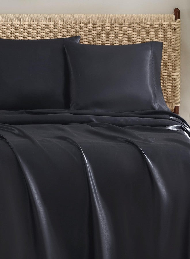 Jessica Simpson Silky Satin Queen 4-Piece Sheet, Jet Black Luxury Sheet Set - Image 1