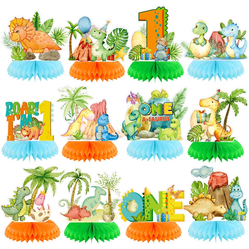 Moinchore 12 Pcs One a Saurus Birthday Decorations Dinosaur Honeycomb Centerpieces Dinosaur 1st Table Decoration Green Blue Dino Table Topper for Jungle Safari Birthday Party Favors Supplies - Image 3