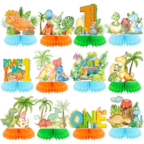 Moinchore 12 Pcs One a Saurus Birthday Decorations Dinosaur Honeycomb Centerpieces Dinosaur 1st Table Decoration Green Blue Dino Table Topper for Jungle Safari Birthday Party Favors Supplies - Image 1