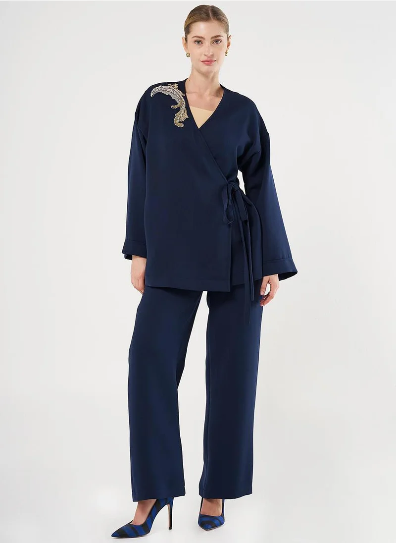 Kayra Embroidered Appliqué Double-Breasted Tie-Front Two-Piece Set Dark Navy