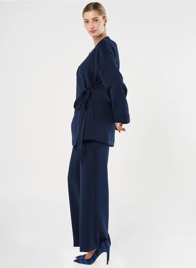 Kayra Embroidered Appliqué Double-Breasted Tie-Front Two-Piece Set Dark Navy