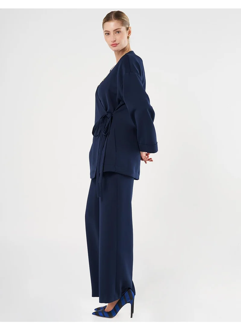Kayra Embroidered Appliqué Double-Breasted Tie-Front Two-Piece Set Dark Navy