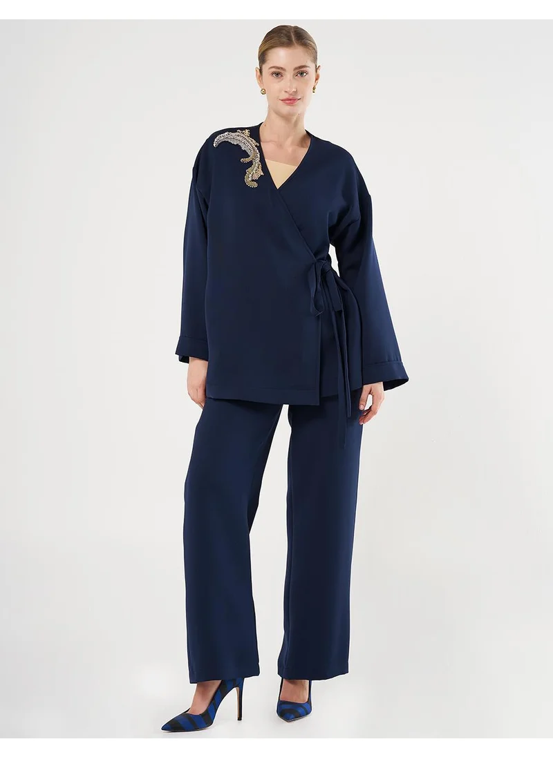 Kayra Embroidered Appliqué Double-Breasted Tie-Front Two-Piece Set Dark Navy