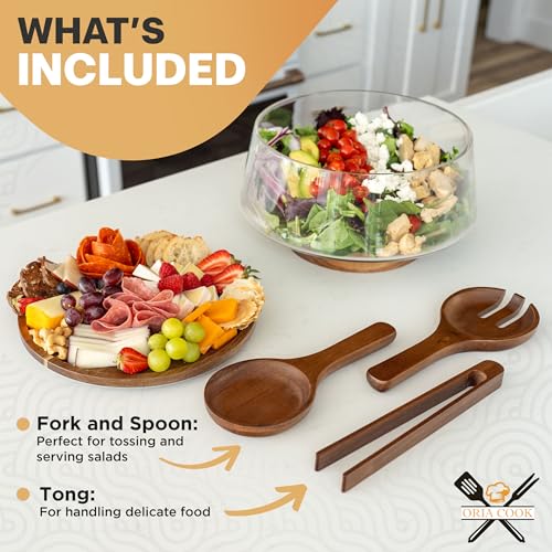 Oria Cook Large Glass Salad Bowl with Lid Set 57 L Decorative Glass Mixing Bowl Trifle and Serving Bowls with Lids as Cheese Charcuterie Board and Plate Comes with Wood Serving Utensils - Image 3