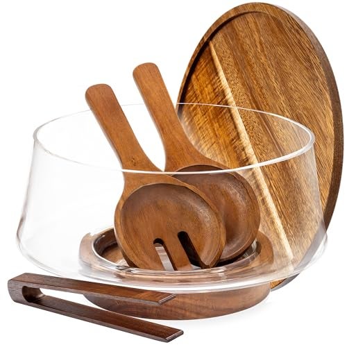 Oria Cook Large Glass Salad Bowl with Lid Set 57 L Decorative Glass Mixing Bowl Trifle and Serving Bowls with Lids as Cheese Charcuterie Board and Plate Comes with Wood Serving Utensils - Image 1