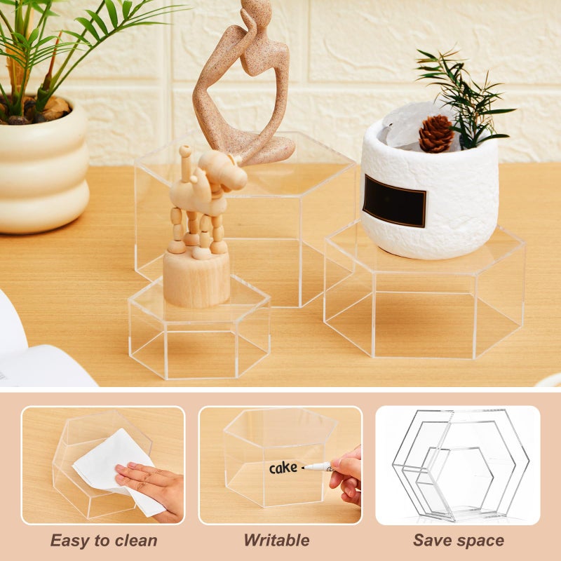Jerify 6 Pcs Acrylic Risers Display Stands, 5.91'' 5.12'' 3.54'', Clear Hexagon Nesting Pedestal Shelf with Hollow Bottom for Tabletop Jewelry Display, 3 Sized - Image 3