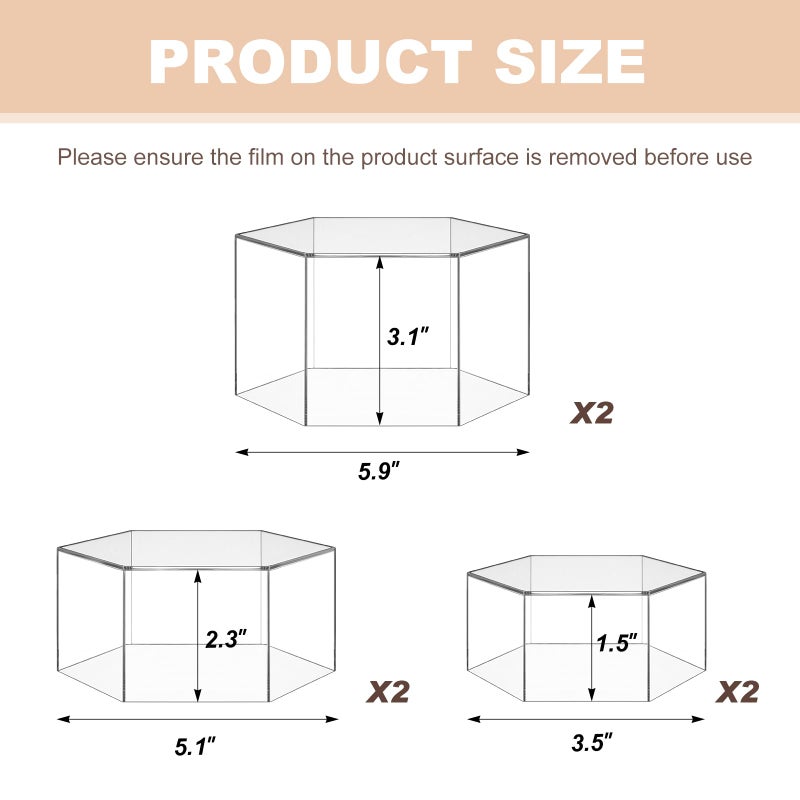 Jerify 6 Pcs Acrylic Risers Display Stands, 5.91'' 5.12'' 3.54'', Clear Hexagon Nesting Pedestal Shelf with Hollow Bottom for Tabletop Jewelry Display, 3 Sized - Image 2