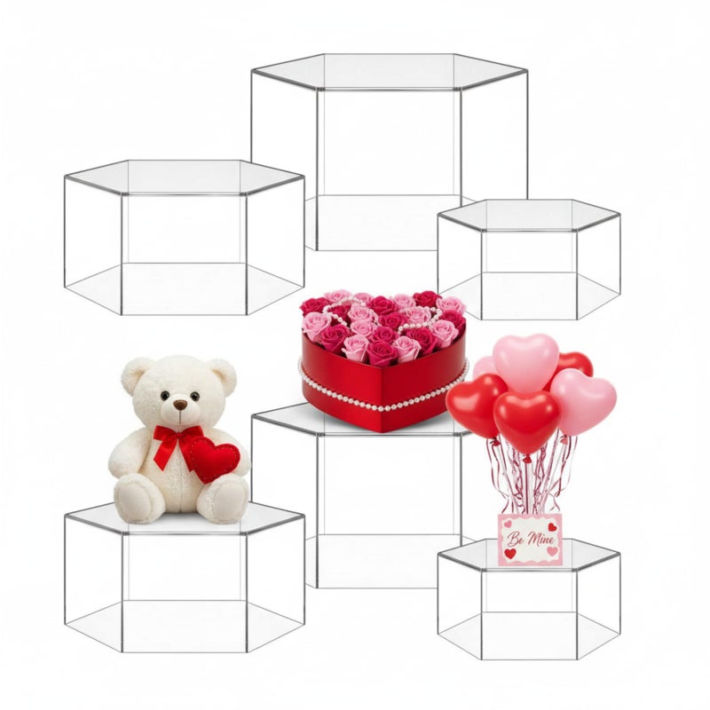 Jerify 6 Pcs Acrylic Risers Display Stands, 5.91'' 5.12'' 3.54'', Clear Hexagon Nesting Pedestal Shelf with Hollow Bottom for Tabletop Jewelry Display, 3 Sized - Image 1