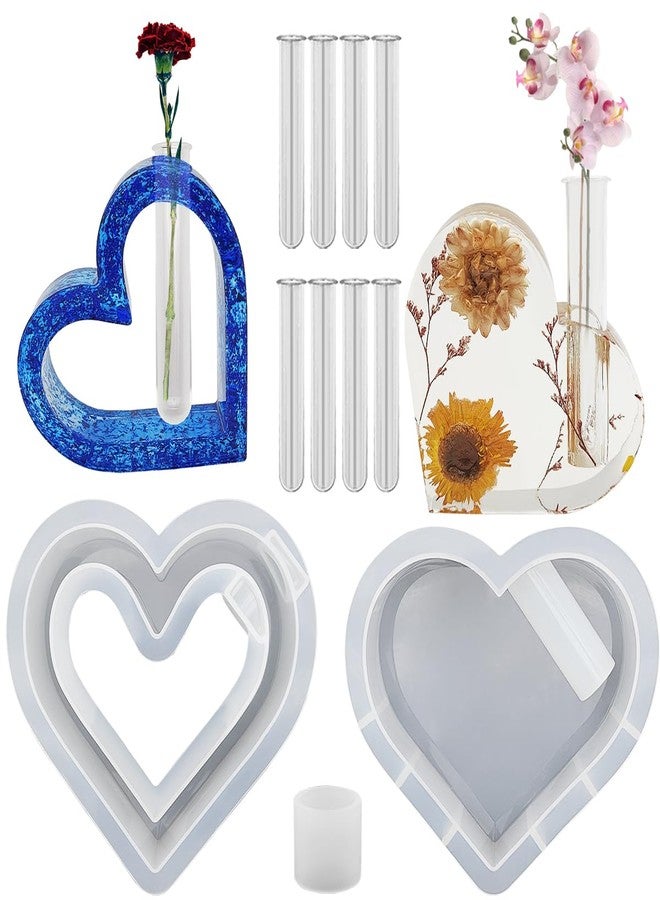 DLAND Heart Shaped Silicone Vase Molds for Resin Casting,Solid and Hollow Design, 2 Piece Set with 8 Test Tubes for Flowers Preservation, Home Decoration, and DIY Crafting - Image 1