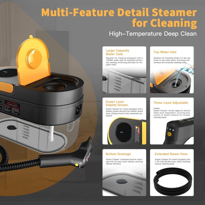 SCIENISH Portable Handheld Steam Cleaner 1000W Multifunctional High Temperature Pressurized Steam Cleaning Machine with 9PCS Accessory for Kitchen Sofa Bathroom Car Window (Black) - Image 2
