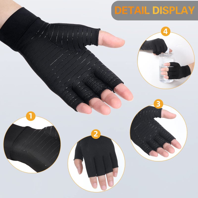 Donfri 2 Pairs Copper Infused Compression Arthritis Gloves, Fingerless Carpal Tunnel Pain Relief Gloves For Men Women, Hand Support Wrist Brace Rheumatoid, Tendonitis, Swelling, Crocheting, Typing (M) - Image 4