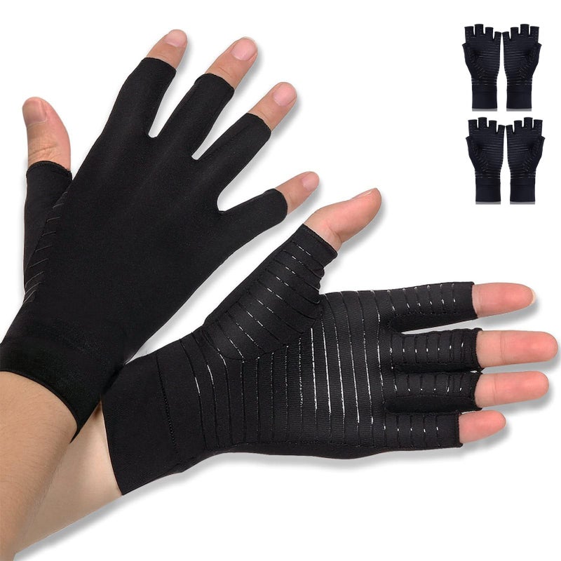 Donfri 2 Pairs Copper Infused Compression Arthritis Gloves, Fingerless Carpal Tunnel Pain Relief Gloves For Men Women, Hand Support Wrist Brace Rheumatoid, Tendonitis, Swelling, Crocheting, Typing (M) - Image 1