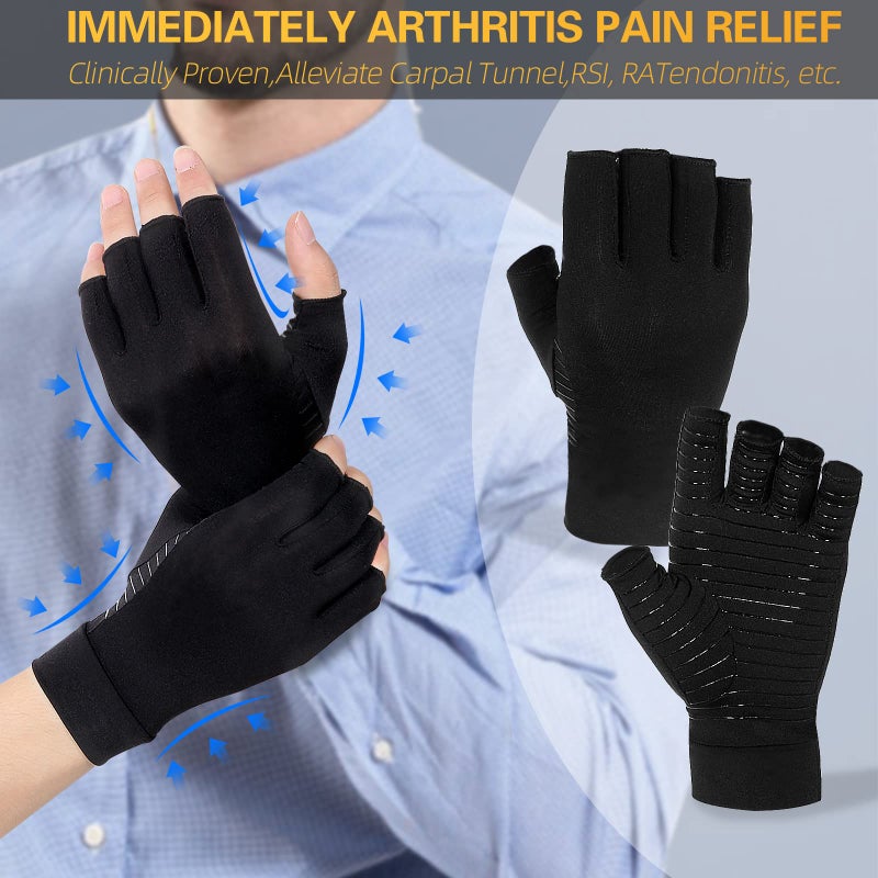 Donfri 2 Pairs Copper Infused Compression Arthritis Gloves, Fingerless Carpal Tunnel Pain Relief Gloves For Men Women, Hand Support Wrist Brace Rheumatoid, Tendonitis, Swelling, Crocheting, Typing (M) - Image 3