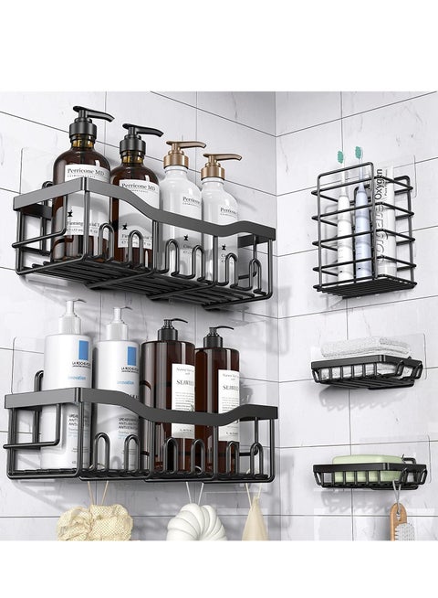 Shower Caddy Shelf Organizer 2 Pack, Adhesive Black Bathroom Basket Shelves, No Drilling Shower Organizer Corner Shelf for Bathroom Tub, Bathroom Wall Organizer Shelf Metal Frame (5P-Black)