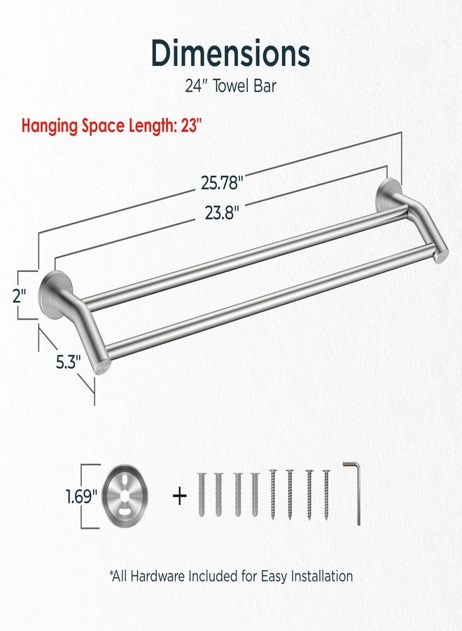 FORIOUS Double Towel Bar 24", Heavy Duty SUS304 Stainless Steel Dual Towel Racks for Bathroom Wall Mount, Space Saving Towel Rod Towel Holder Rail, Brushed Nickel - Image 2