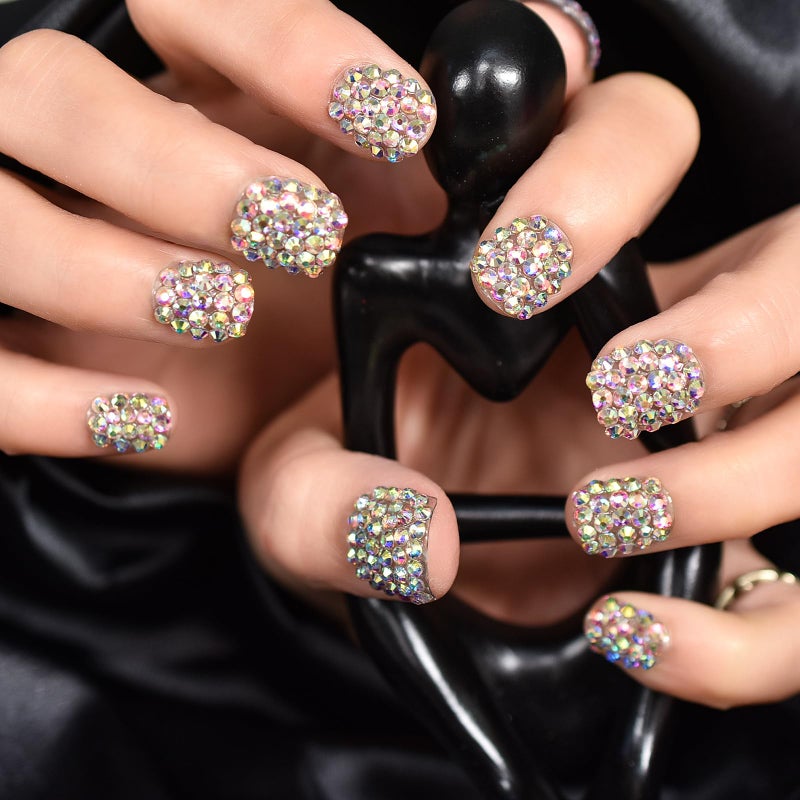 Elevenail 24pcs Handmade 3D Rhinestones Press On Nails Square Short Nails Women Girls Gifts Salon Manicure Shiny Crystal Nail Art Tips Fake Nails Reusable Acrylic False Nails - Image 2