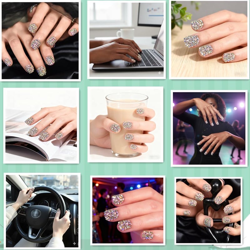 Elevenail 24pcs Handmade 3D Rhinestones Press On Nails Square Short Nails Women Girls Gifts Salon Manicure Shiny Crystal Nail Art Tips Fake Nails Reusable Acrylic False Nails - Image 4