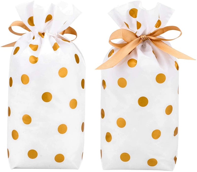 KUPOO 50Pcs Candy Cookies Plastic Drawstring Gift Bags 6X9 Inch Gold Dot Treat Bags for Birthday Party Wedding Festival Gift Wrapper (Gold Dot) - Image 2