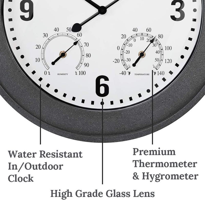 Presentime & Co. 20" Bradford Indoor/Outdoor Farmhouse Clock with Weather Station, Gray Stone Finish - Image 2