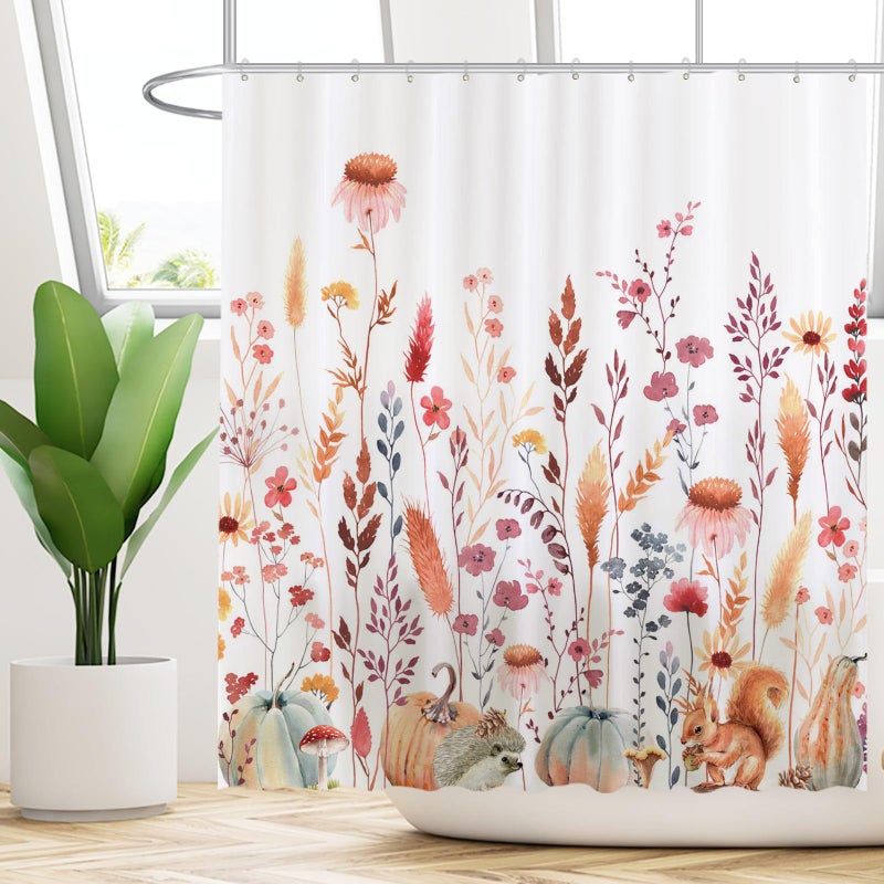 Funnytree 72""x72"" Autumn Flowers Fall Rustic Pumpkins Boho Leaves Floral Watercolor Bohemian Farmhouse Shower Curtain for Bathroom Decor Machine Washable (Hooks Not Included) - Image 2