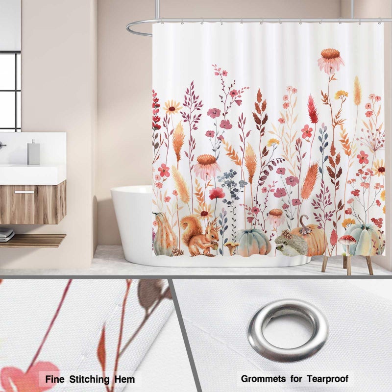 Funnytree 72""x72"" Autumn Flowers Fall Rustic Pumpkins Boho Leaves Floral Watercolor Bohemian Farmhouse Shower Curtain for Bathroom Decor Machine Washable (Hooks Not Included) - Image 4
