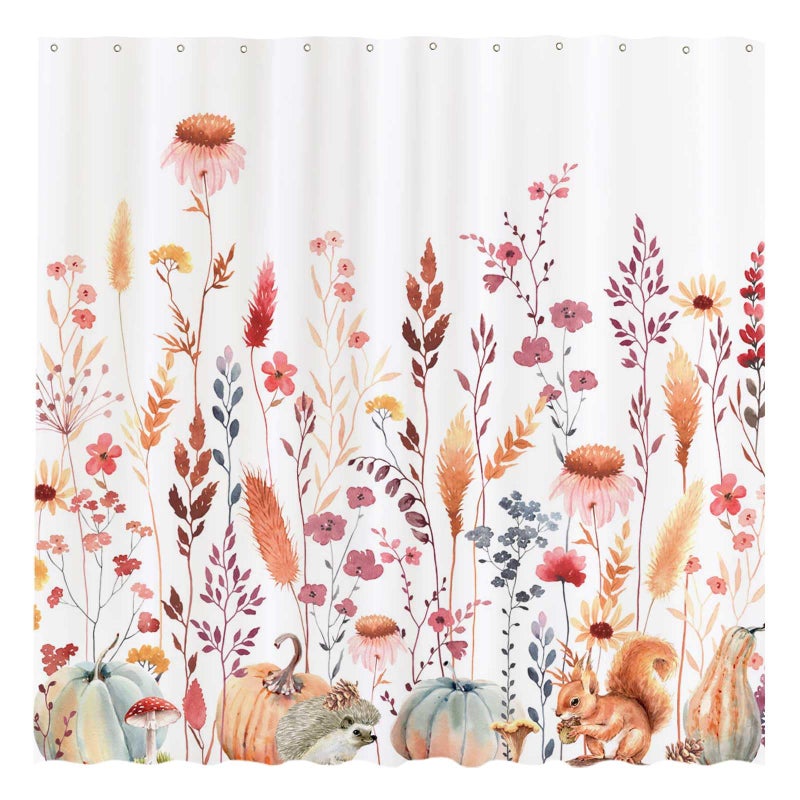 Funnytree 72""x72"" Autumn Flowers Fall Rustic Pumpkins Boho Leaves Floral Watercolor Bohemian Farmhouse Shower Curtain for Bathroom Decor Machine Washable (Hooks Not Included) - Image 1