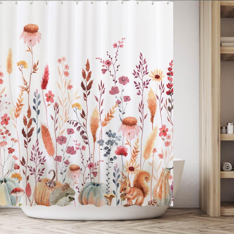 Funnytree 72""x72"" Autumn Flowers Fall Rustic Pumpkins Boho Leaves Floral Watercolor Bohemian Farmhouse Shower Curtain for Bathroom Decor Machine Washable (Hooks Not Included) - Image 5