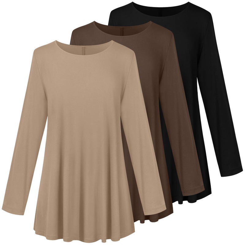 Evervibe 3 Pack Women's Plus Size Tunic Top Casual Long Sleeve Shirts Knitted Loose Fit Blouse Wear with Leggings(XX-Large,Black, Brown, Khaki) - Image 4