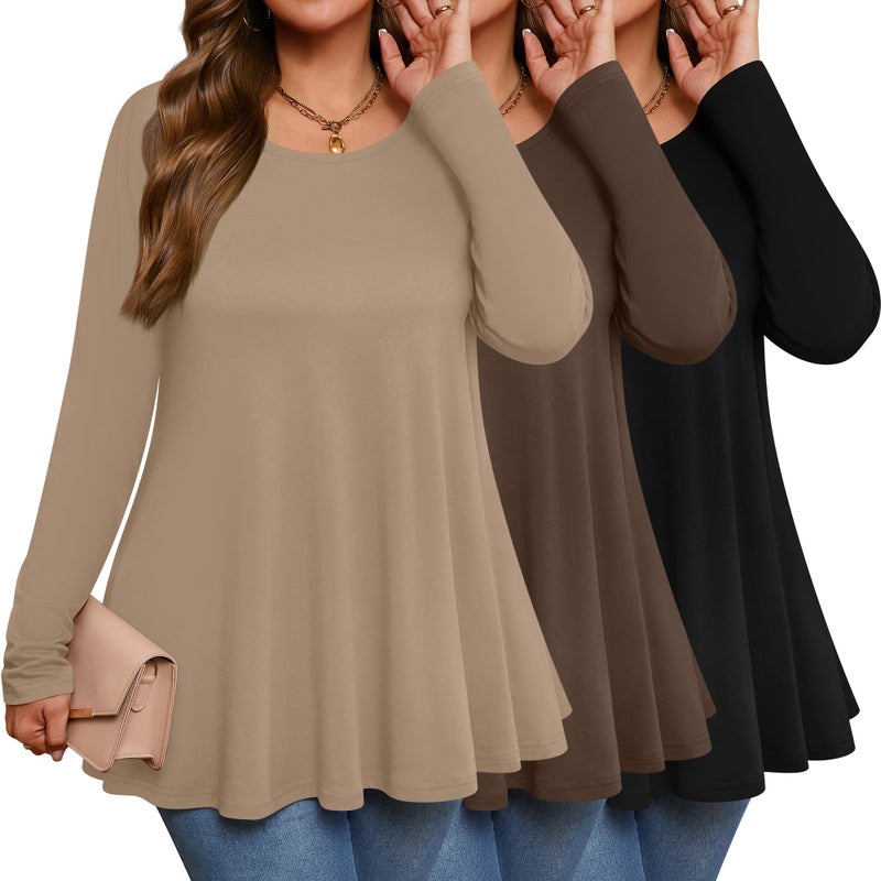 Evervibe 3 Pack Women's Plus Size Tunic Top Casual Long Sleeve Shirts Knitted Loose Fit Blouse Wear with Leggings(XX-Large,Black, Brown, Khaki) - Image 1
