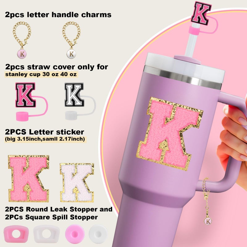Mity rain 10pcs Set Designed for Stanley Cup Accessories - Including Straw Cover Cap, Letter Charm, Letter Stickers, Tumbler Spill Proof Stoppers for Stanley 40oz/ 30oz Pink Decorations (K) - Image 2