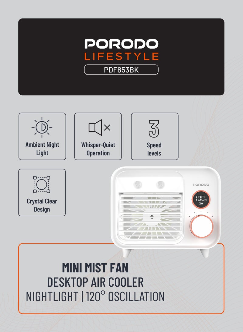 بورودو مروحة ضباب صغيرة من لايف ستايل مع مقبض تحكم / مبرد هواء مكتبي بشاشة LED / مبرد بخمسة مستويات سرعة / تحكم ديناميكي في تدفق الهواء - أبيض - Image 2