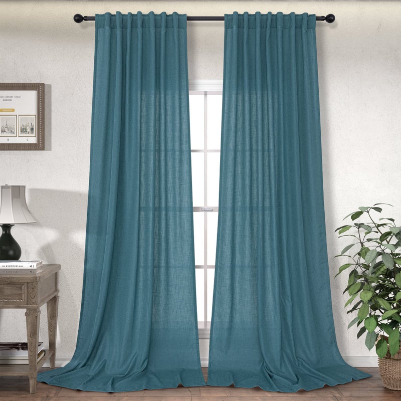 DANCURTON Teal Curtains 84 Inch Length for Living Room 2 Panel Back Tab Pocket Drape Light Filtering Semi Sheer Linen Cotton Textured Peacock Blue Curtain for Bedroom Modern Farmhouse Decor 52x84 Long Turquoise - Image 1
