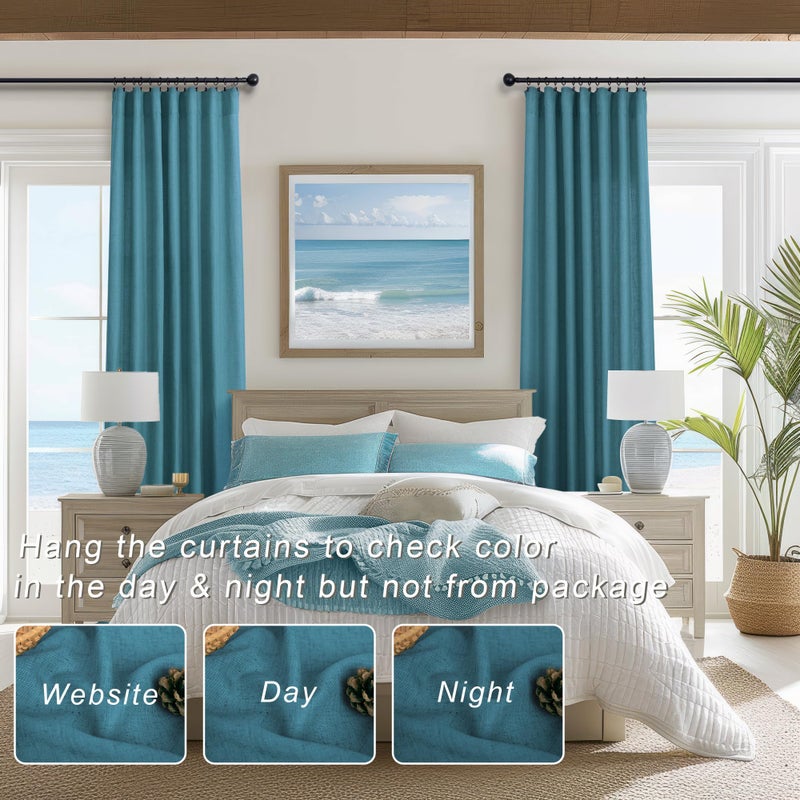 DANCURTON Teal Curtains 84 Inch Length for Living Room 2 Panel Back Tab Pocket Drape Light Filtering Semi Sheer Linen Cotton Textured Peacock Blue Curtain for Bedroom Modern Farmhouse Decor 52x84 Long Turquoise - Image 2